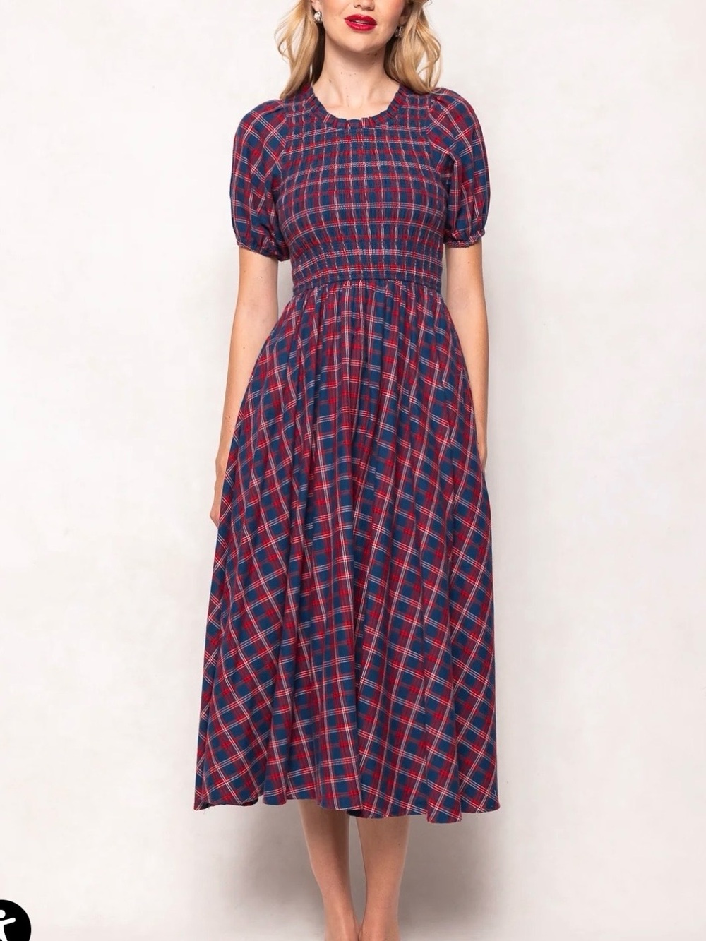 Ivy City Co Mariah Red & Blue Plaid Smocked Midi Dress